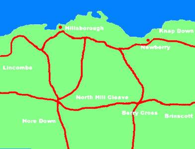 The local Iron Age, showing the main tracks (all except a few sections, shown dotted, are still roads today). Hillforts are shown in red and hill-slope enclosures in yellow.